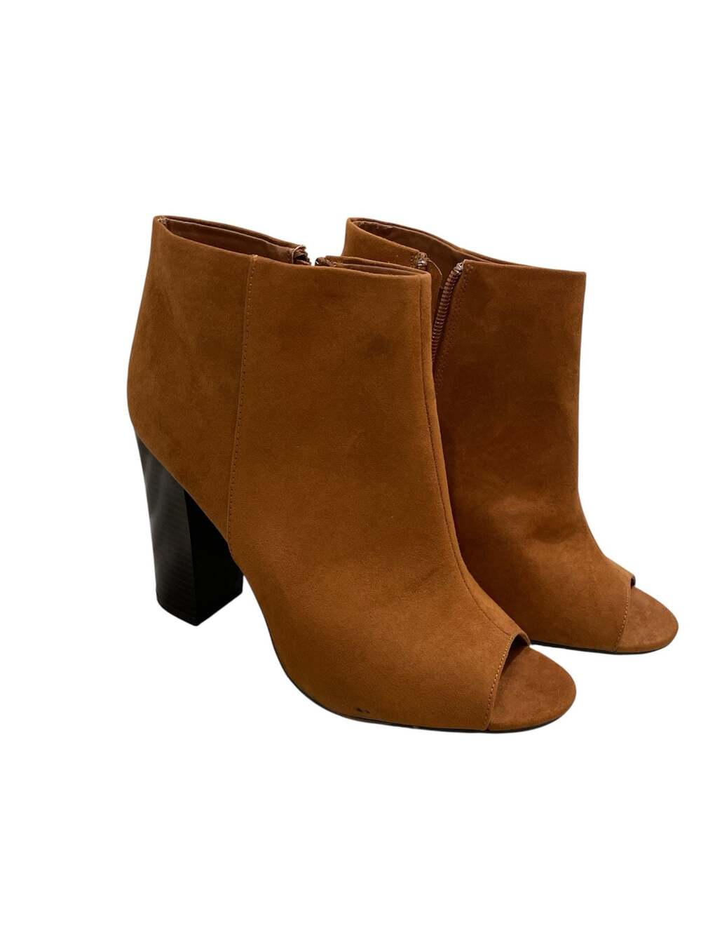 Bamboo Tan Faux Suede Peep Toe Block Heel Ankle Boots